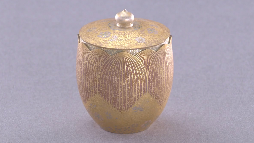 “Sacred Jewel” covered vessel of Japanese cypress decorated with gold leaf cutouts